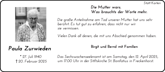Traueranzeige von Paula Zurwieden von Die Glocke