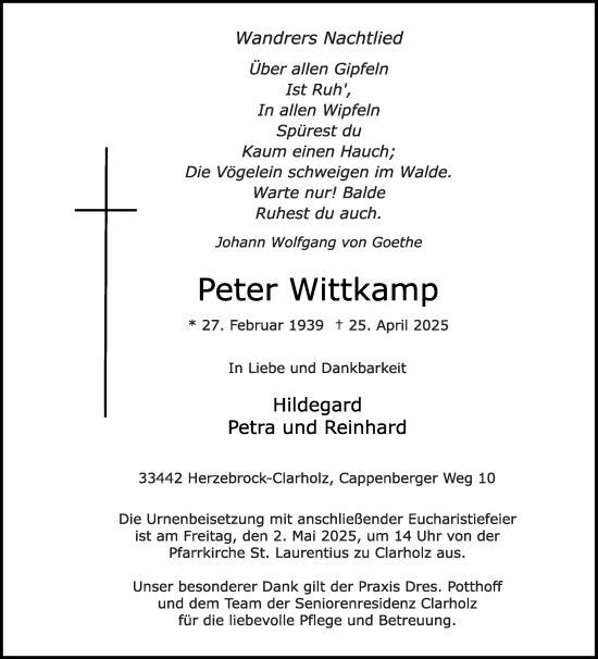 Traueranzeige von Peter Wittkamp von Die Glocke