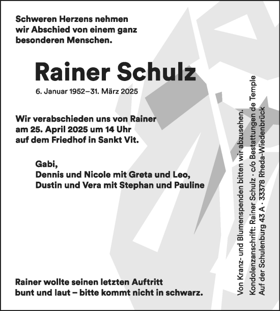 Traueranzeige von Rainer Schulz von Die Glocke