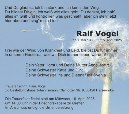 Traueranzeige von Ralf Vogel von Die Glocke