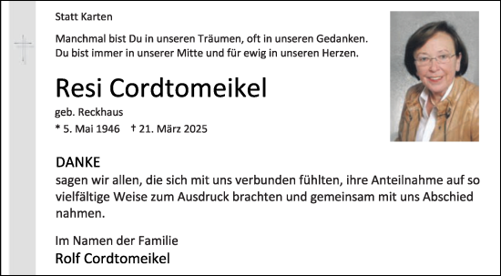 Traueranzeige von Resi Cordtomeikel von Die Glocke