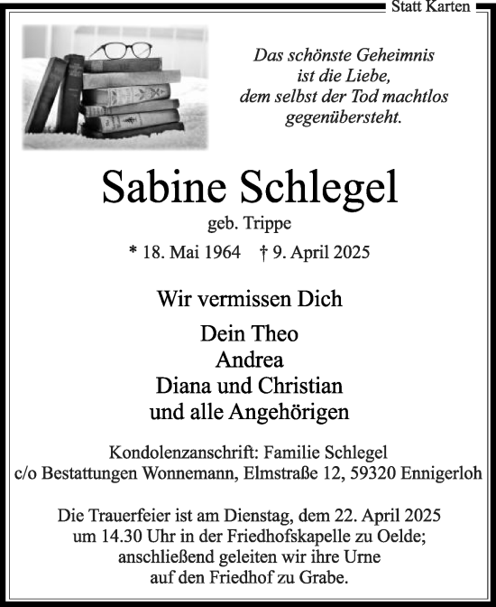 Traueranzeige von Sabine Schlegel von Die Glocke