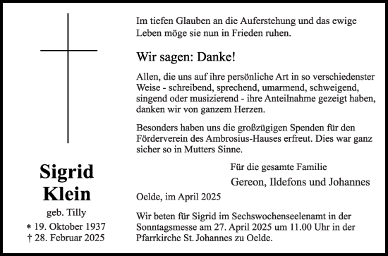 Traueranzeige von Sigrid Klein von Die Glocke