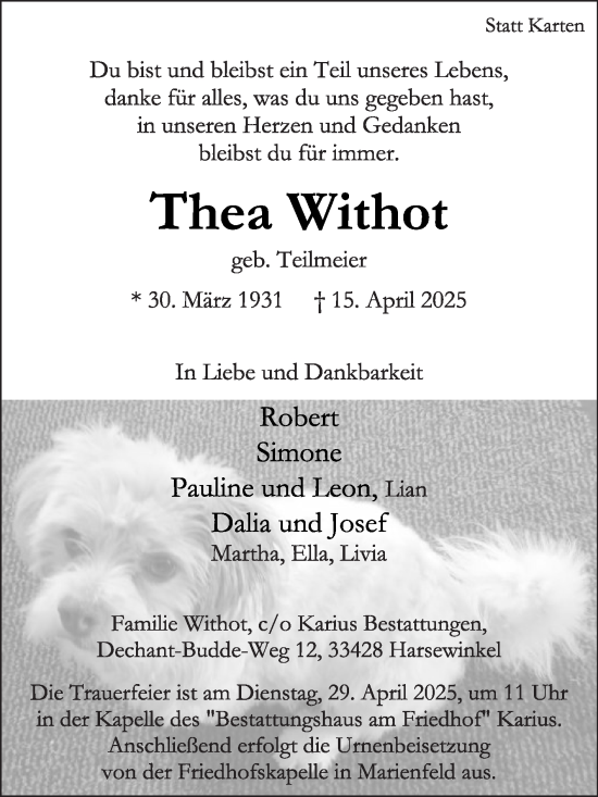 Traueranzeige von Thea Withot von Die Glocke
