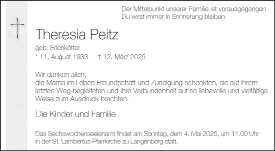 Traueranzeige von Theresia Peitz von Die Glocke