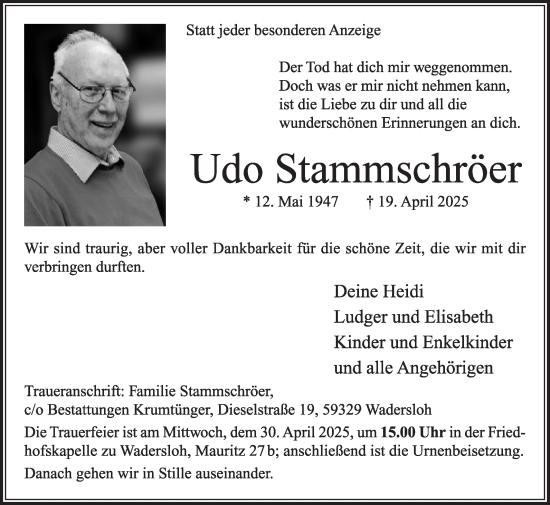 Traueranzeige von Udo Stammschröer von Die Glocke