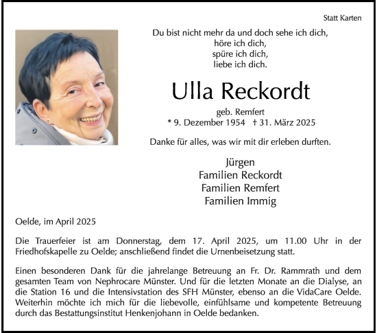 Traueranzeige von Ulla Reckordt von Die Glocke