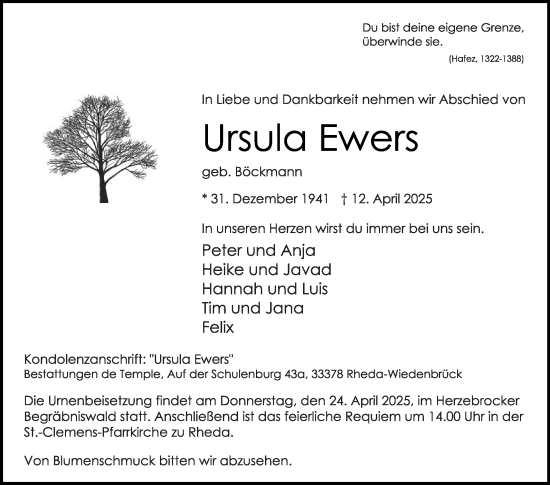 Traueranzeige von Ursula Ewers von Die Glocke