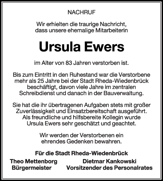 Traueranzeige von Ursula Ewers von Die Glocke