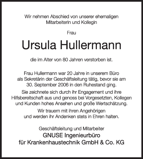 Traueranzeige von Ursula Hullermann von Die Glocke