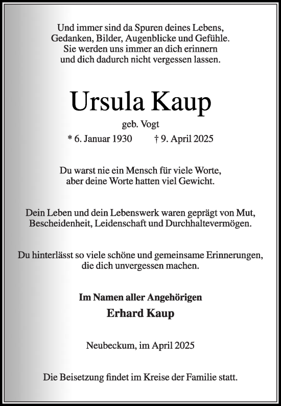 Traueranzeige von Ursula Kaup von Die Glocke