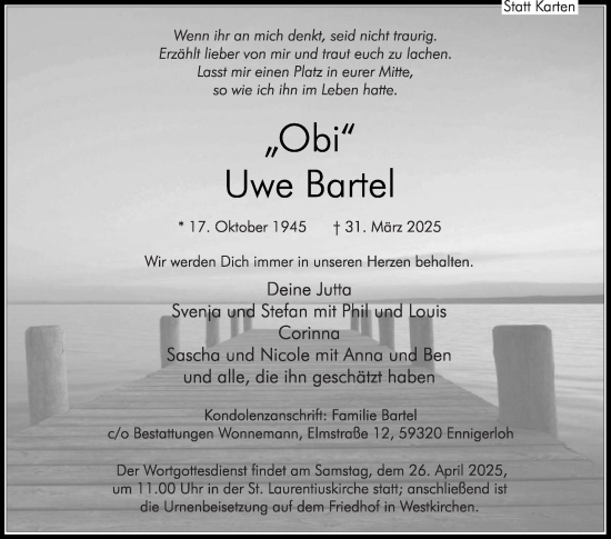 Traueranzeige von Uwe Bartel von Die Glocke