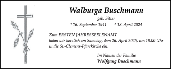 Traueranzeige von Walburga Buschmann von Die Glocke
