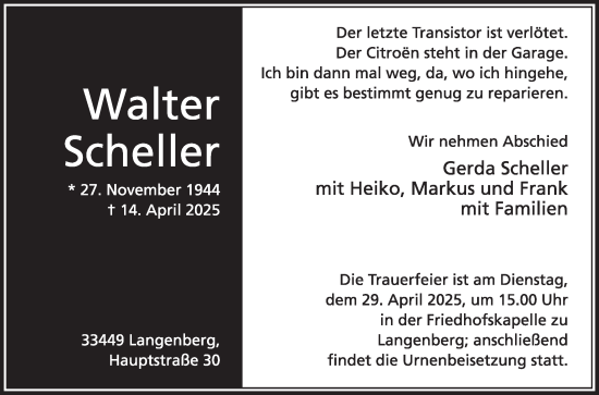 Traueranzeige von Walter Scheller von Die Glocke