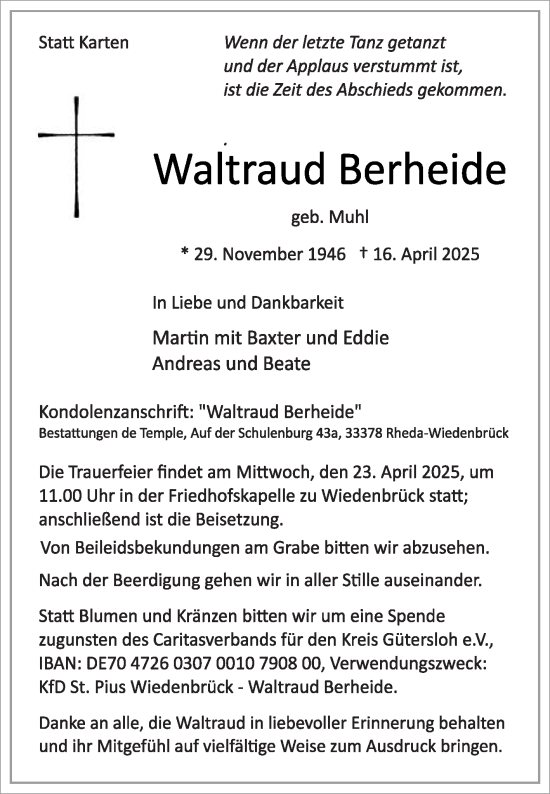 Traueranzeige von Waltraud Berheide von Die Glocke