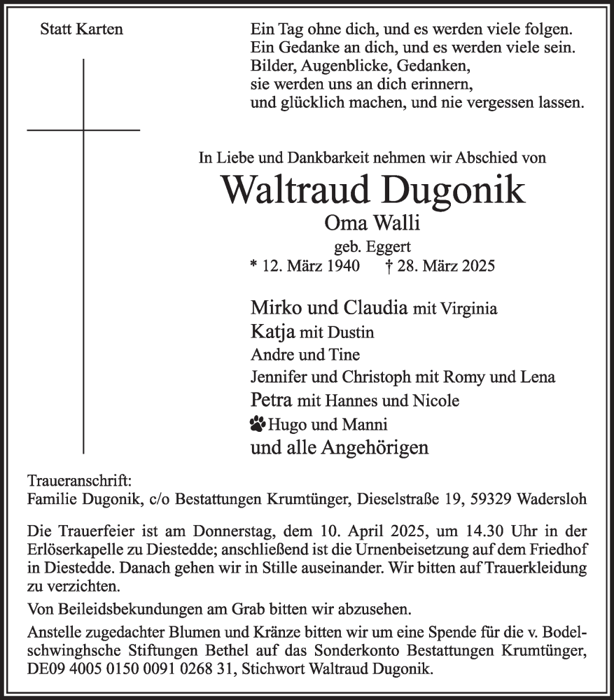 Traueranzeige für Waltraud Dugonik vom 05.04.2025 aus Die Glocke