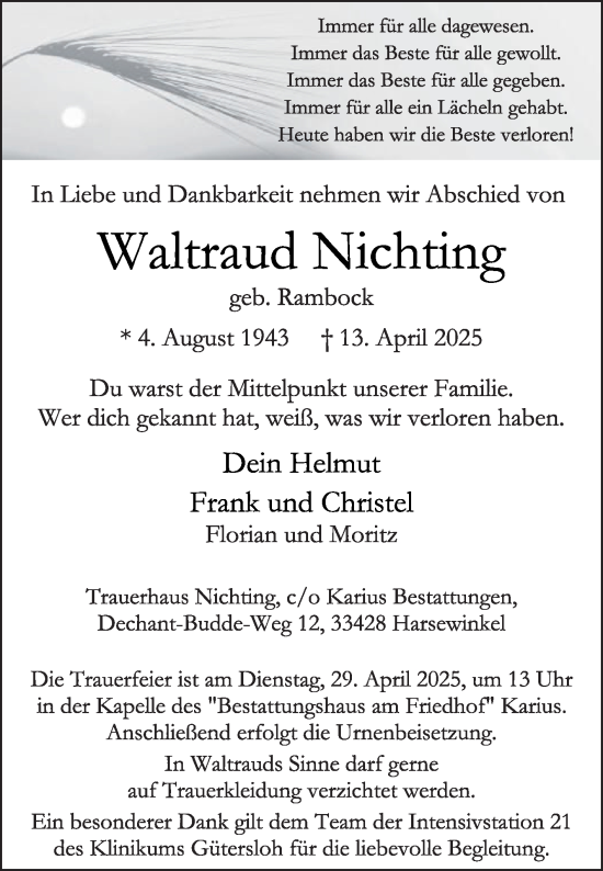 Traueranzeige von Waltraud Nichting von Die Glocke