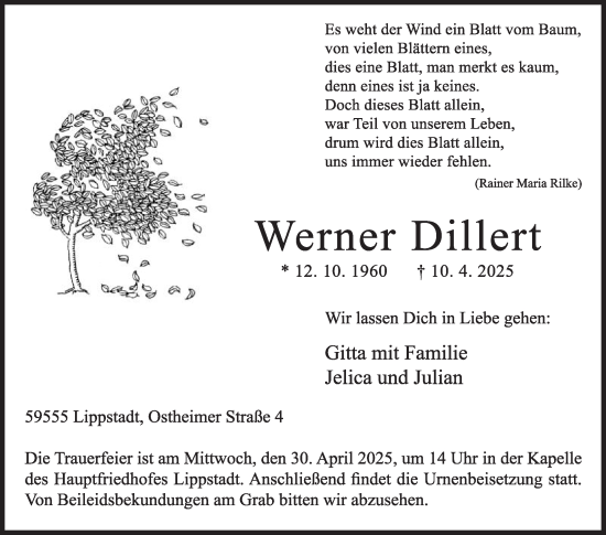 Traueranzeige von Werner Dillert von Die Glocke