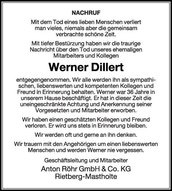 Traueranzeige von Werner Dillert von Die Glocke