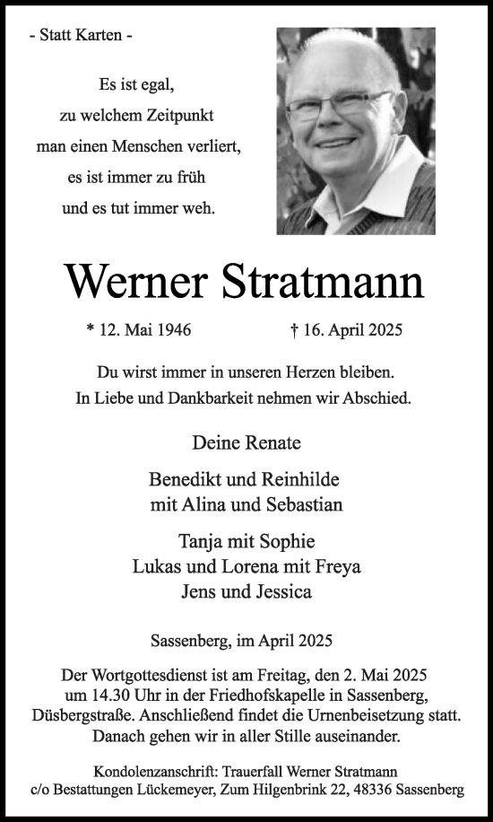 Traueranzeige von Werner Stratmann von Die Glocke