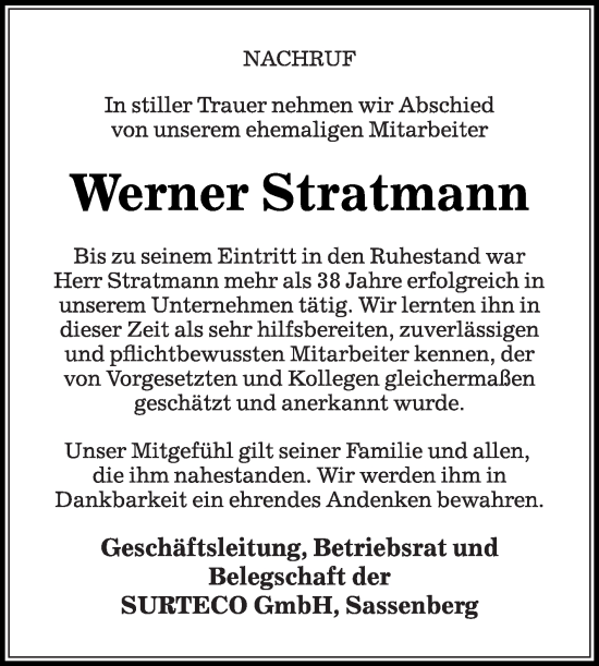 Traueranzeige von Werner Stratmann von Die Glocke