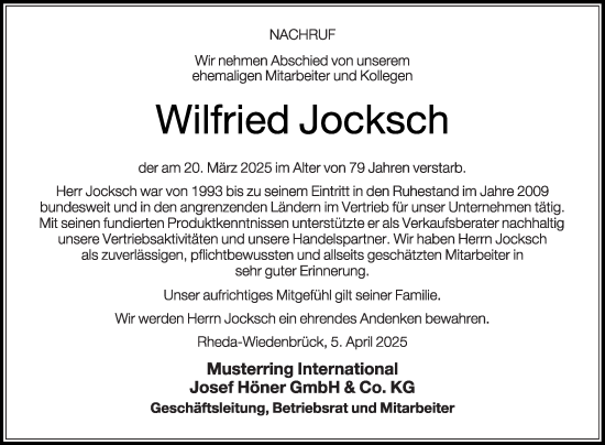 Traueranzeige von Wilfried Jocksch von Die Glocke