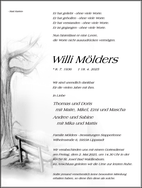 Traueranzeige von Willi Mölders von Die Glocke