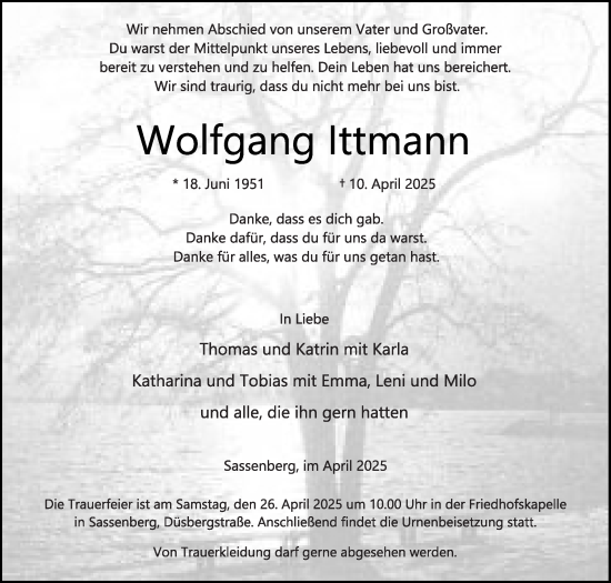 Traueranzeige von Wolfgang Ittmann von Die Glocke