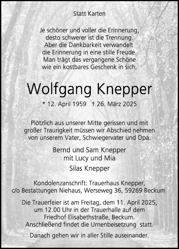  Traueranzeige für Wolfgang Knepper vom 05.04.2025 aus Die Glocke