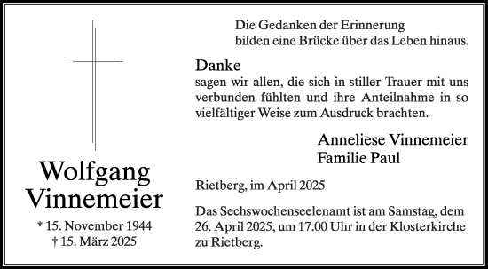 Traueranzeige von Wolfgang Vinnemeier von Die Glocke