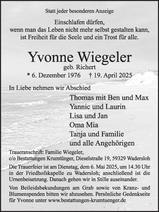 Traueranzeige von Yvonne Wiegeler von Die Glocke