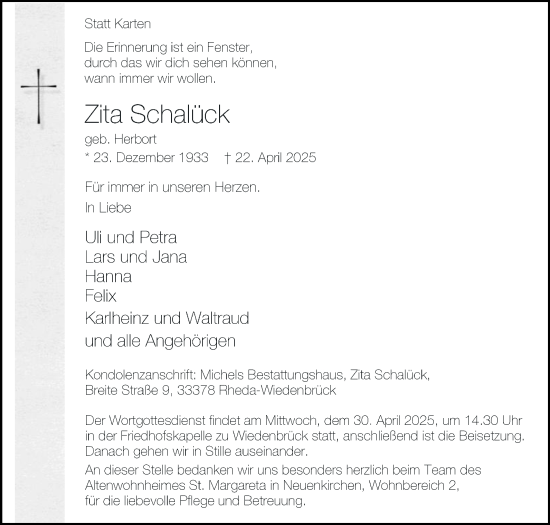 Traueranzeige von Zita Schalück von Die Glocke