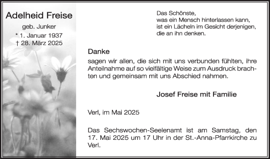 Traueranzeige von Adelheid Freise von Die Glocke