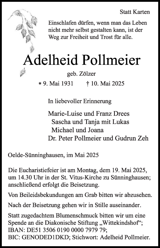 Traueranzeige von Adelheid Pollmeier von Die Glocke