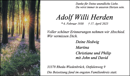 Traueranzeige von Adolf Willi Herden von Die Glocke