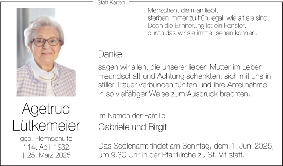 Traueranzeige von Agetrud Lütkemeier von Die Glocke