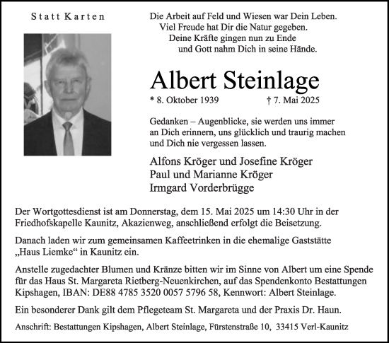 Traueranzeige von Albert Steinlage von Die Glocke