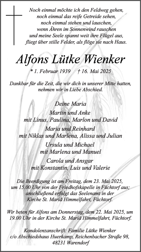 Traueranzeige von Alfons Lütke Wienker von Die Glocke