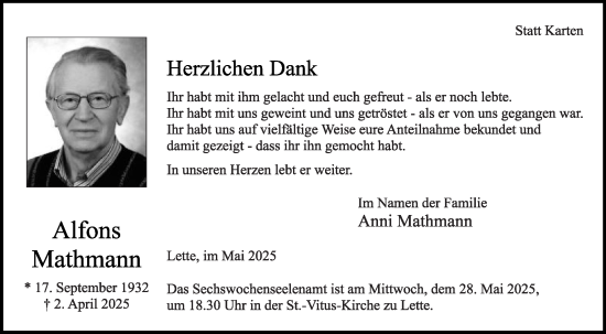 Traueranzeige von Alfons Mathmann von Die Glocke
