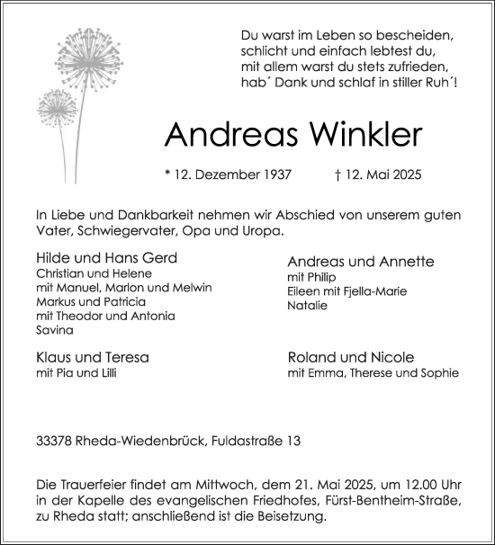 Traueranzeige von Andreas Winkler von Die Glocke