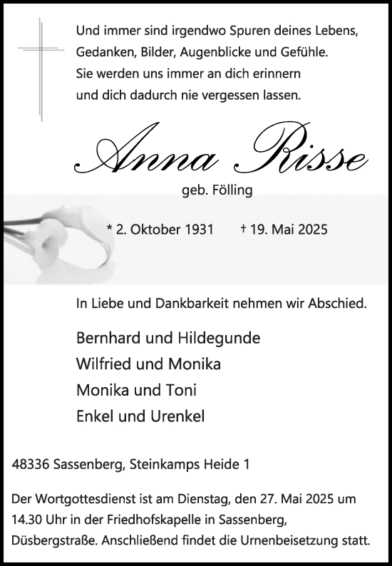 Traueranzeige von Anna Risse von Die Glocke