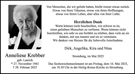 Traueranzeige von Anneliese Krebber von Die Glocke