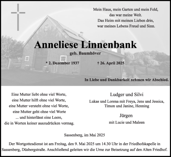 Traueranzeige von Anneliese Linnenbank von Die Glocke