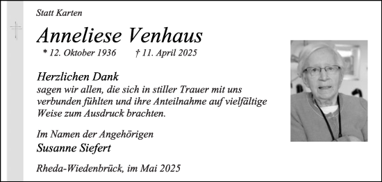 Traueranzeige von Anneliese Venhaus von Die Glocke