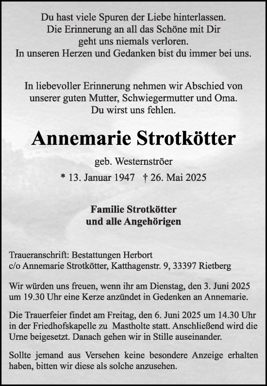 Traueranzeige von Annemarie Strotkötter von Die Glocke