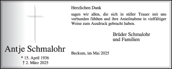 Traueranzeige von Antje Schmalohr von Die Glocke