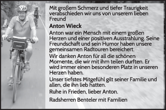 Traueranzeige von Anton Wieck von Die Glocke