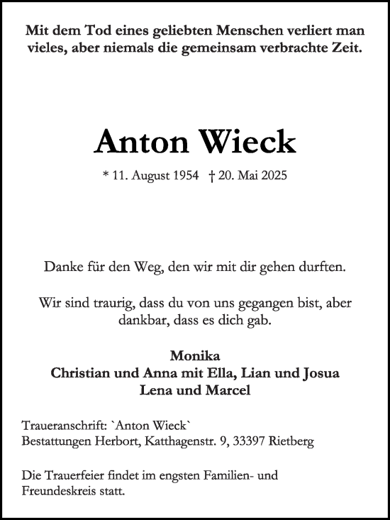 Traueranzeige von Anton Wieck von Die Glocke