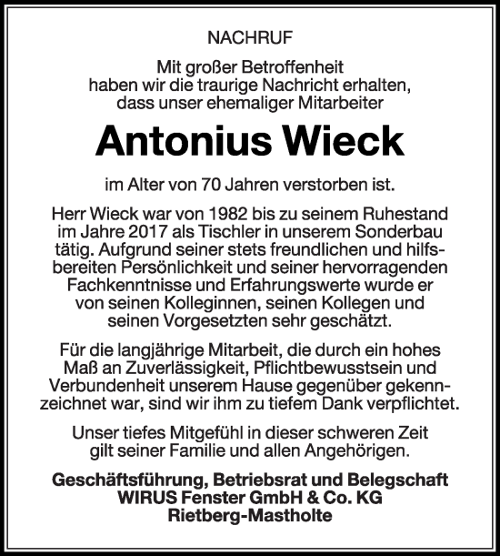 Traueranzeige von Antonius Wieck von Die Glocke