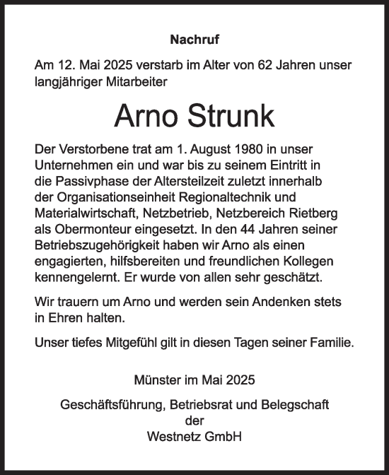 Traueranzeige von Arno Strunk von Die Glocke
